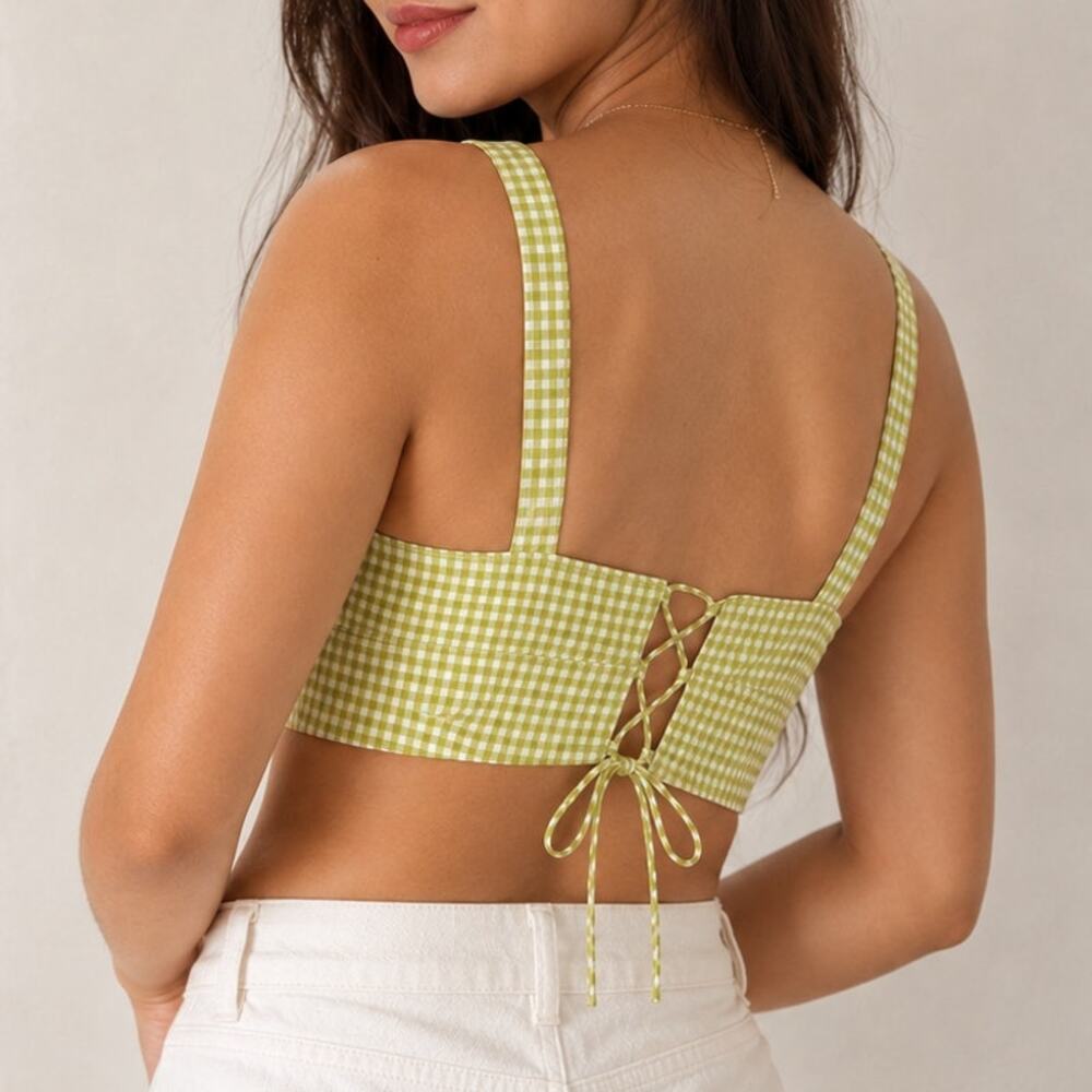 Topshop Lime Gingham Lace Up Back Bralet Crop Top US 12 NWOT Cottagecore Summery